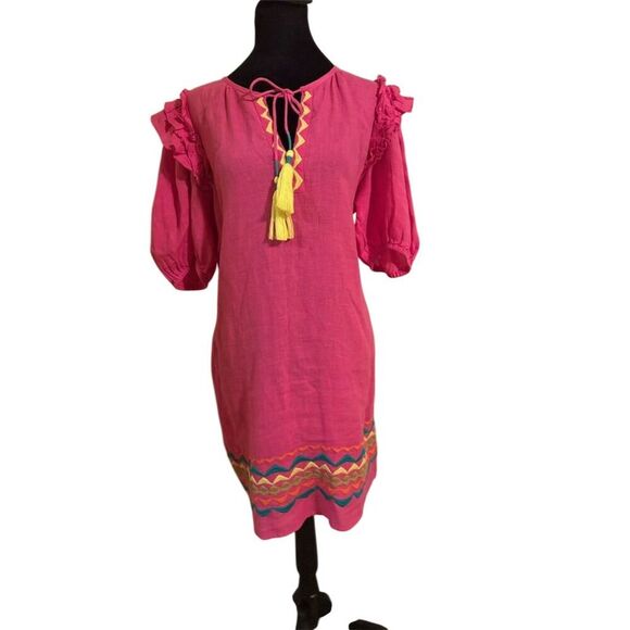 Uncle Frank Anthropology Women's Pink Embroidered Sheath Dress Tassel Boho - Picture 3 of 9